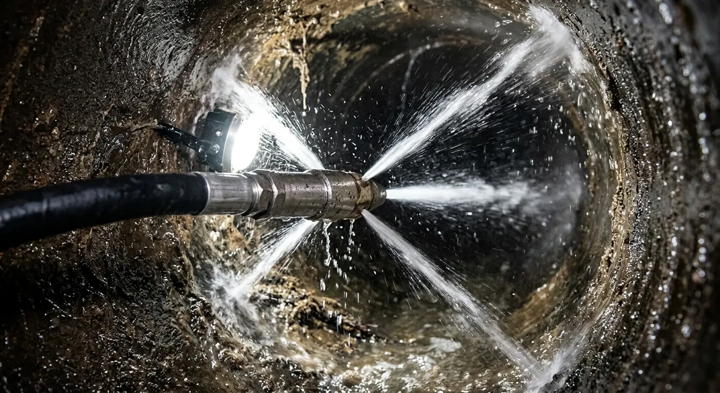 High-pressure hydro jetting nozzle cleaning sewer pipe for Trenchless Sewer Repair in West Palm Beach