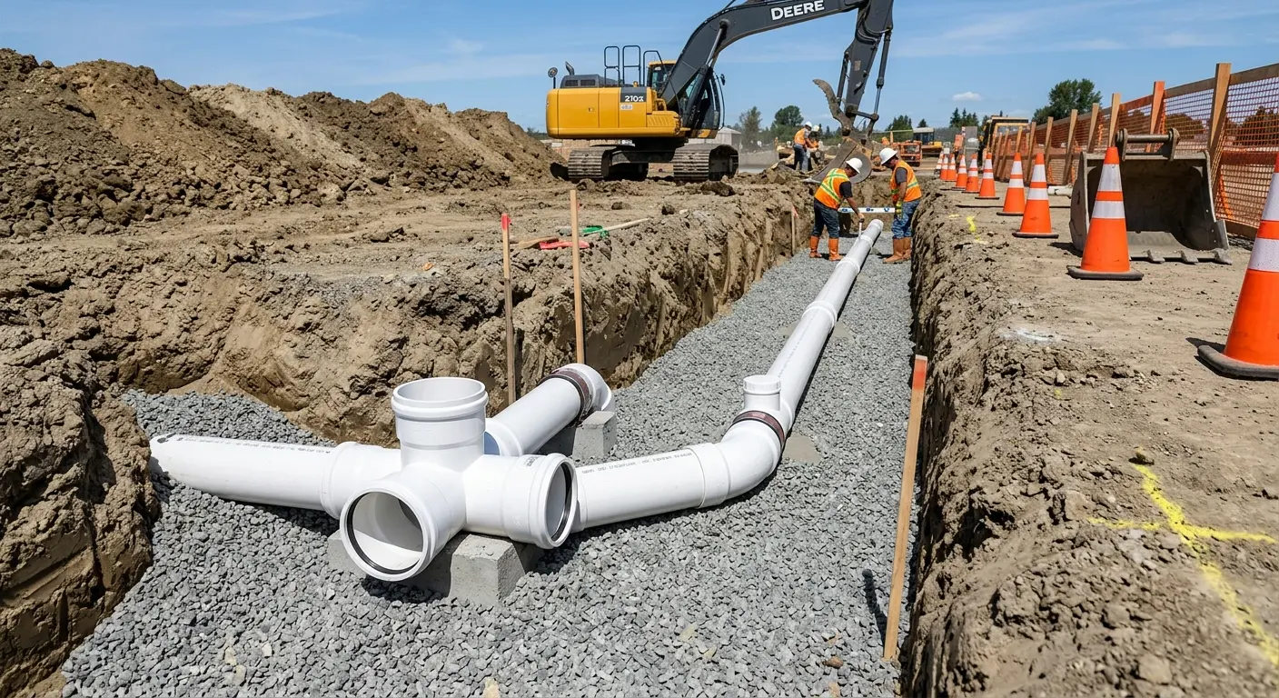 New PVC sewer pipe installation in open trench for Commercial Drain Cleaning in West Palm Beach