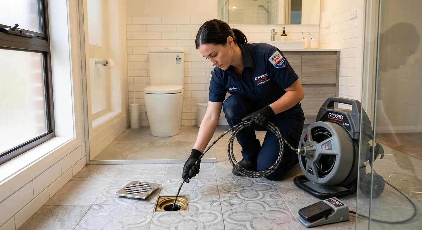 Technician clearing a bathroom floor drain for Clogged Drain Repair in West Palm Beach